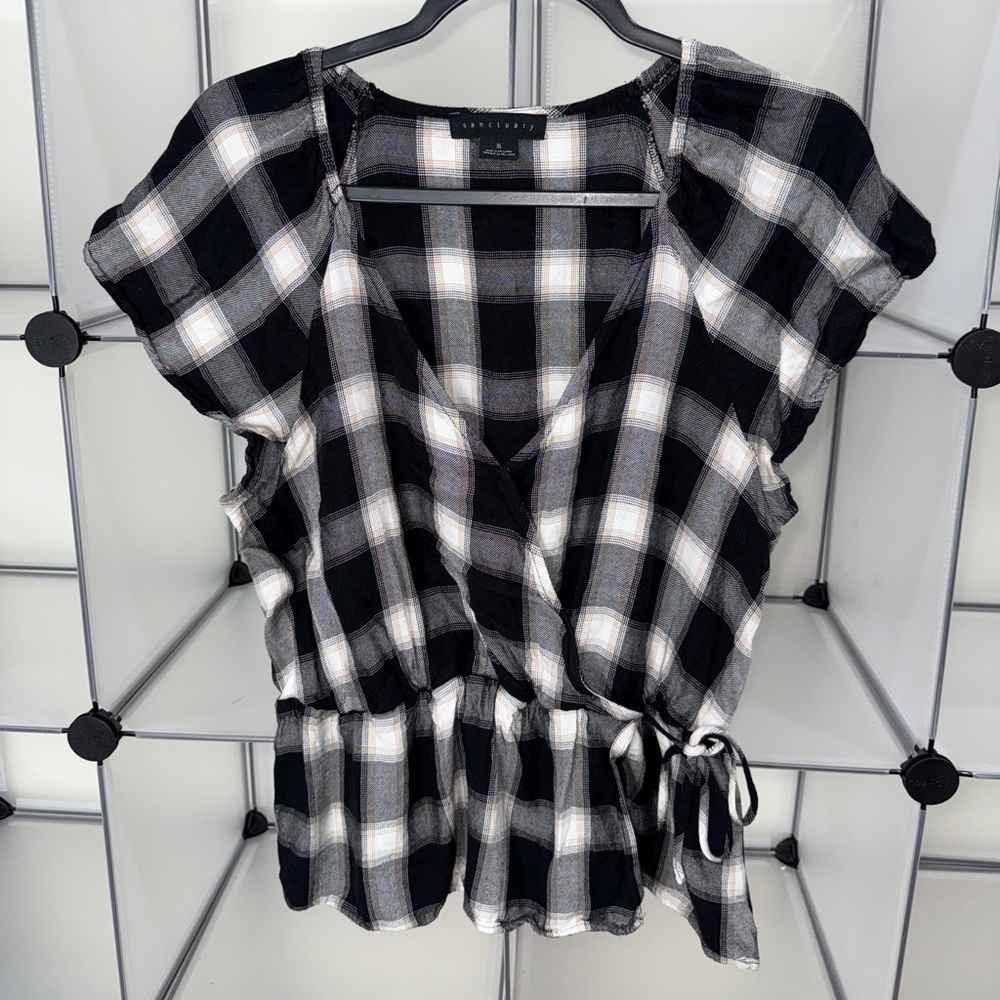 Sanctuary Women's Sunstone Faux Wrap Peplum Plaid Top Black Size XL